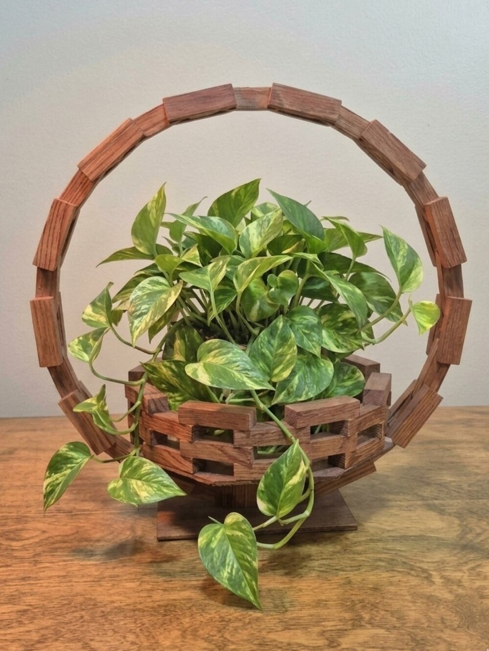 HANDCRAFTED Mid Century Modern Geometric Wood Block Plant Holder Centerpiece